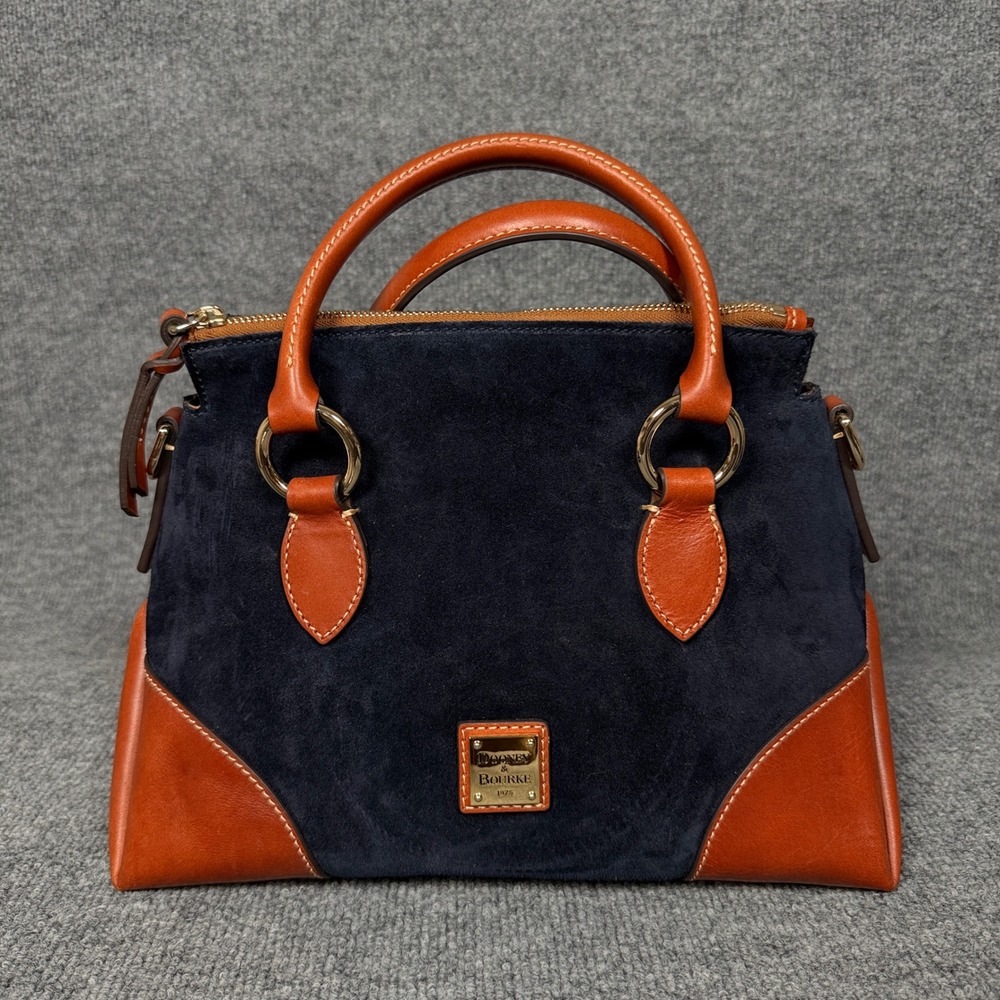 Dooney & Bourke Size Small Satchel Bag Navy Suede With Florentine Leather Trim